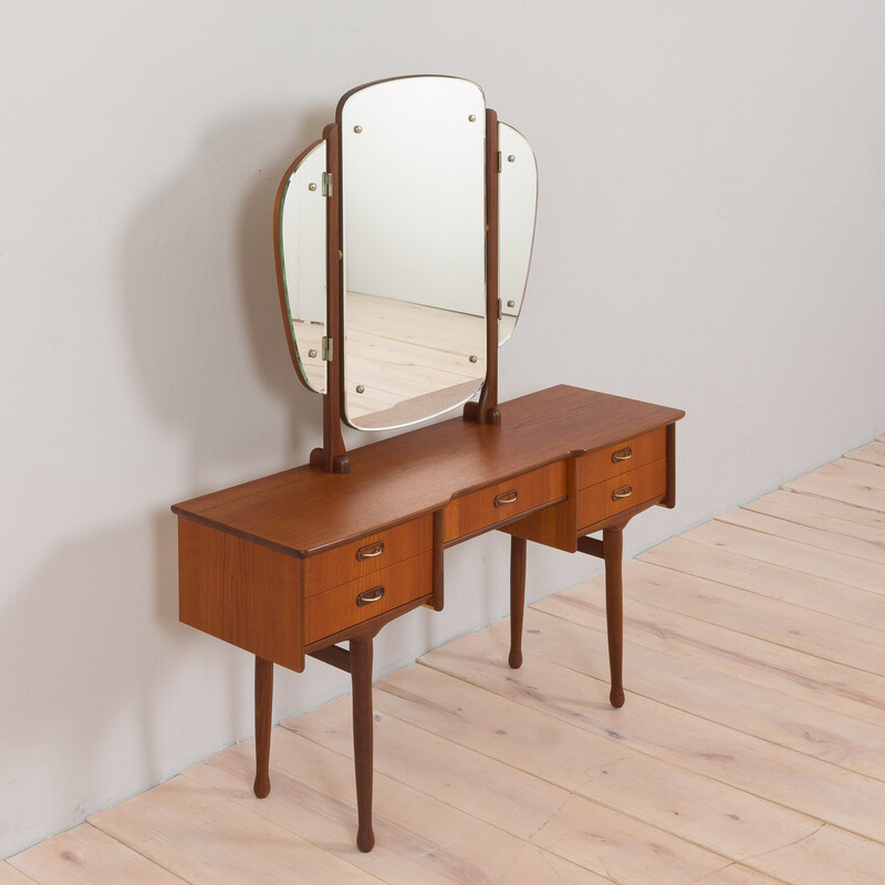 Vintage Scandinavian teak dressing table with adjustable mirrors and 5  drawers, Denmark 1960s