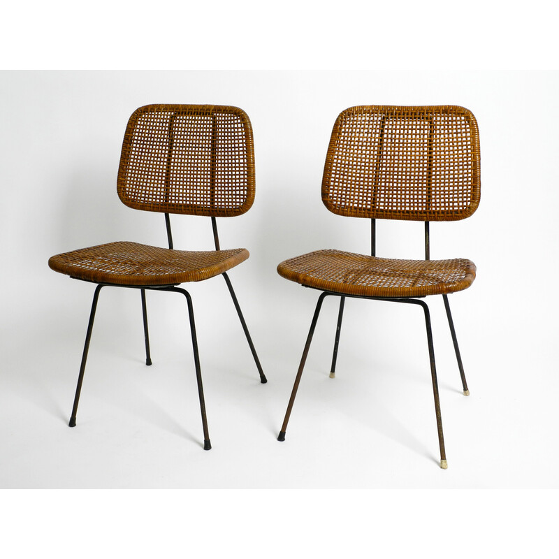 Pareja de sillas de comedor italianas vintage de bambú y rafia, años 60