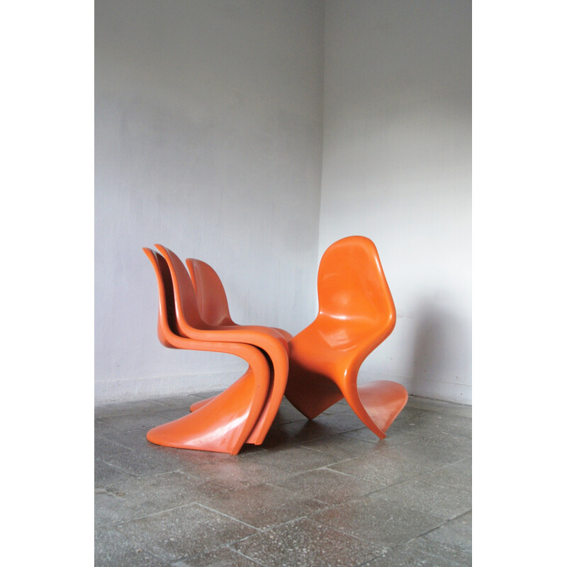 Set of 4 vintage orange Panton chairs by Verner Panton for Herman Miller,  1970s
