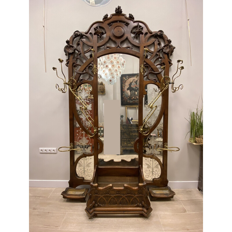Specchio vintage in stile Art Nouveau francese con appendiabiti e  portaombrelli, Francia