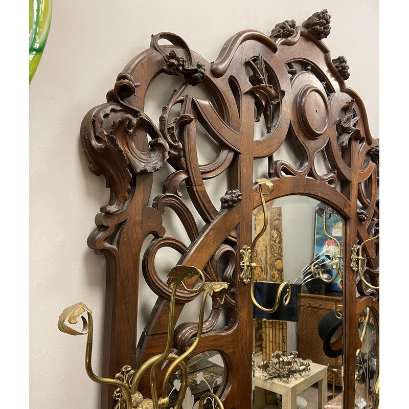 Espelho Vintage Art Nouveau francês com bengaleiro e suporte para guarda-chuvas, França