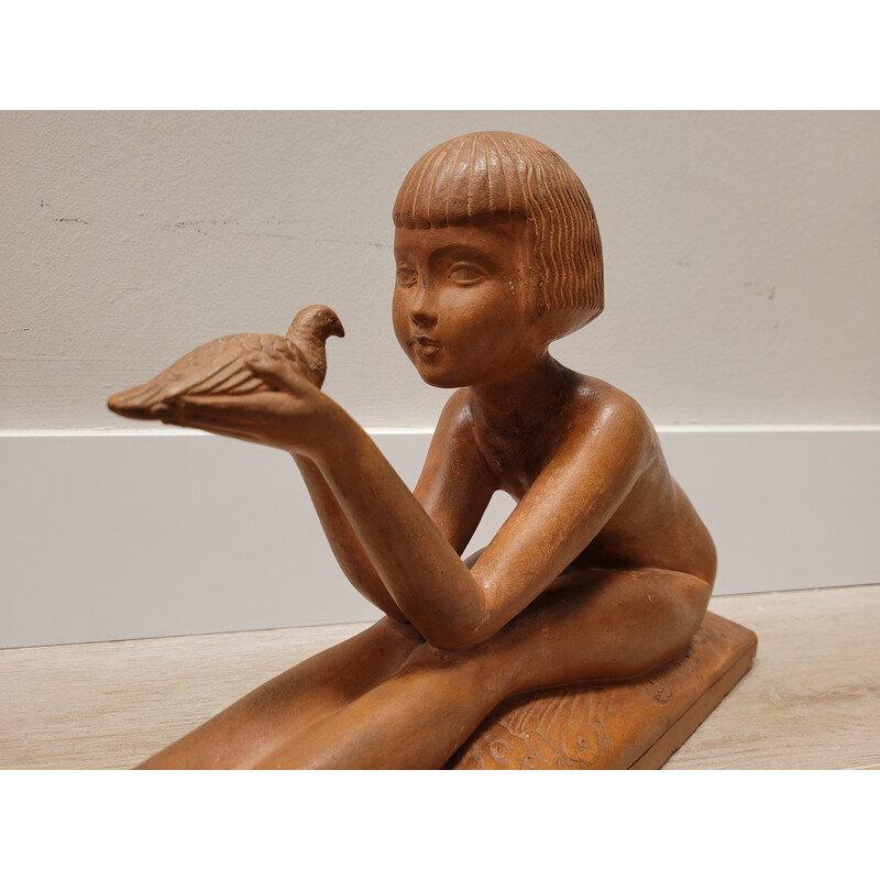Figurine de fille vintage Art déco en terre cuite par Charles Peyre, France