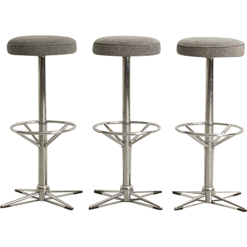 Set of 3 vintage bar stools in chromed steel and bluish gray fabric