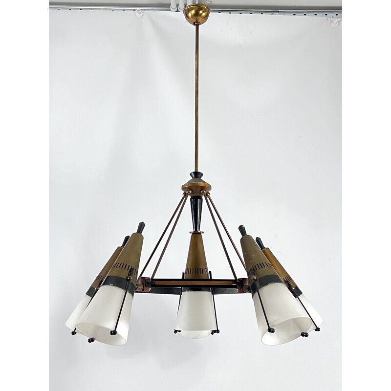 Vintage sputnik chandelier in wood, lacquered metal, brass and opaline  glass by Stilnovo, Italy 1950s