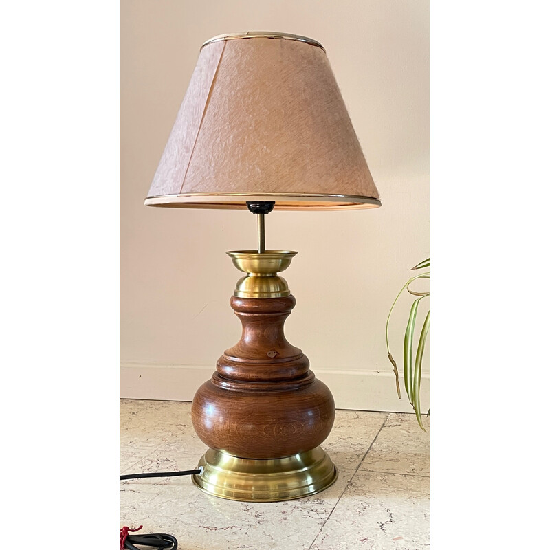 Vintage wood and brass lamp, 1980