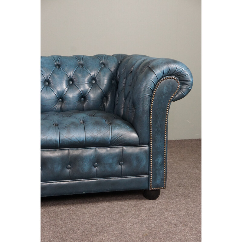 Canapé vintage Chesterfield en cuir de vachette bleu avec siège à boutons