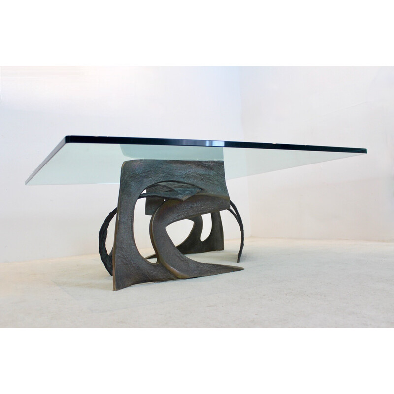 Vintage brutalist coffee table in bronze and glass, Belgium