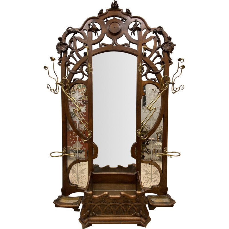 Specchio vintage in stile Art Nouveau francese con appendiabiti e  portaombrelli, Francia