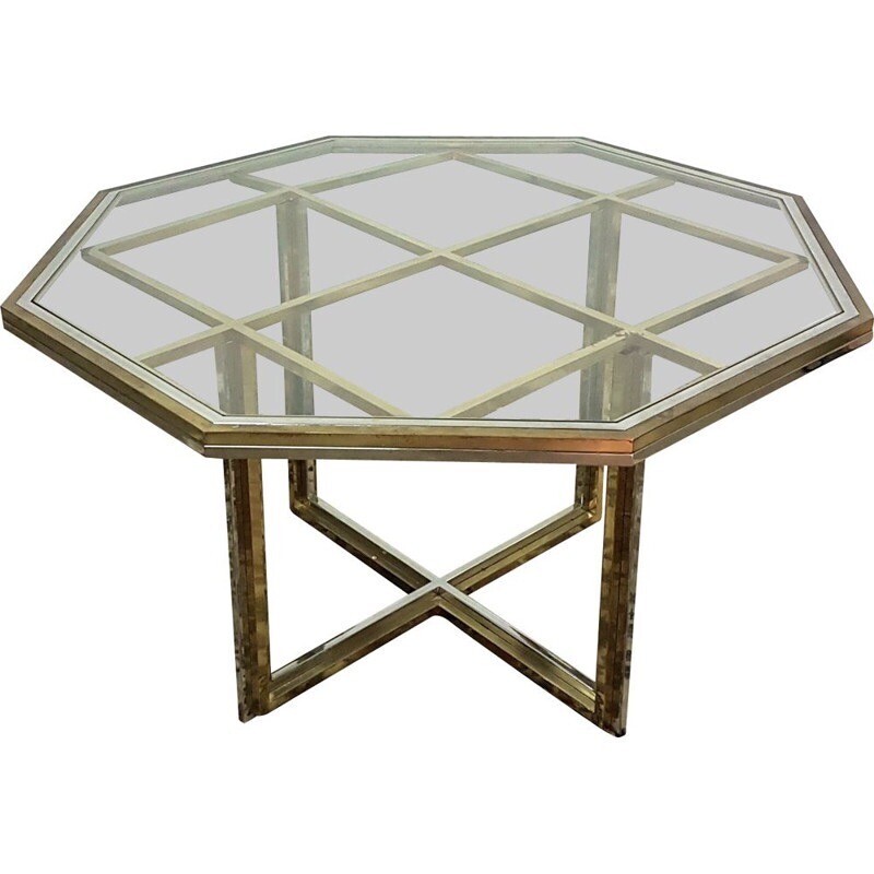 Table octogonale vintage en chrome, laiton et verre par Romeo Rega, 1970