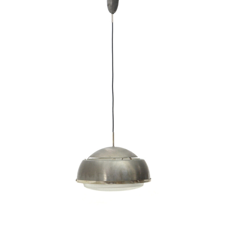 Vintage pendant lamp in burnished aluminum and molded glass, Italy 1960