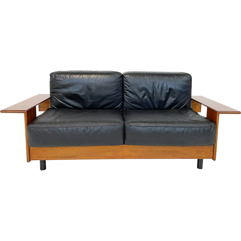 Mid-century Italian sofa in black leather and wood, 1960s