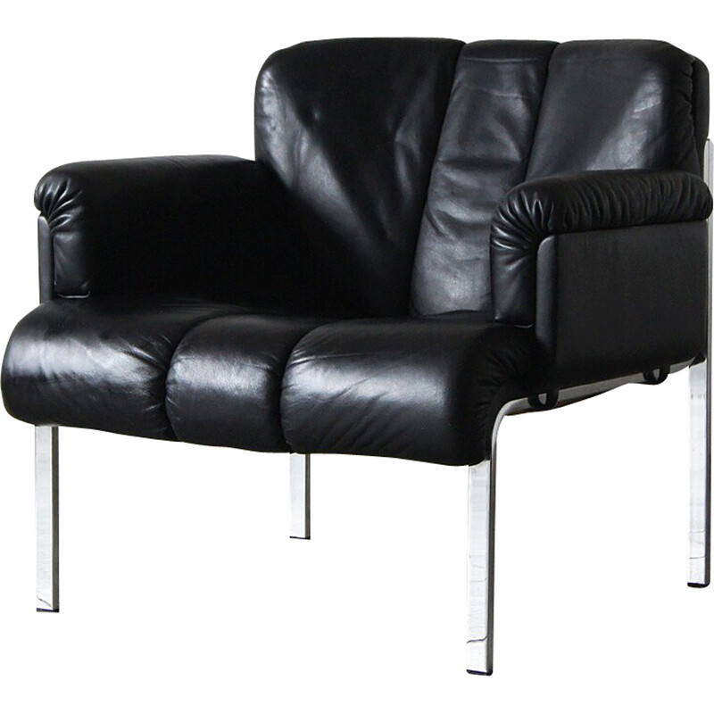 Vintage Girsberger armchair in black leather by Hans Eichenberger
