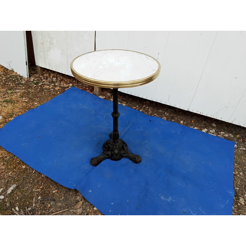 Vintage bistro pedestal table in marble, brass and cast iron