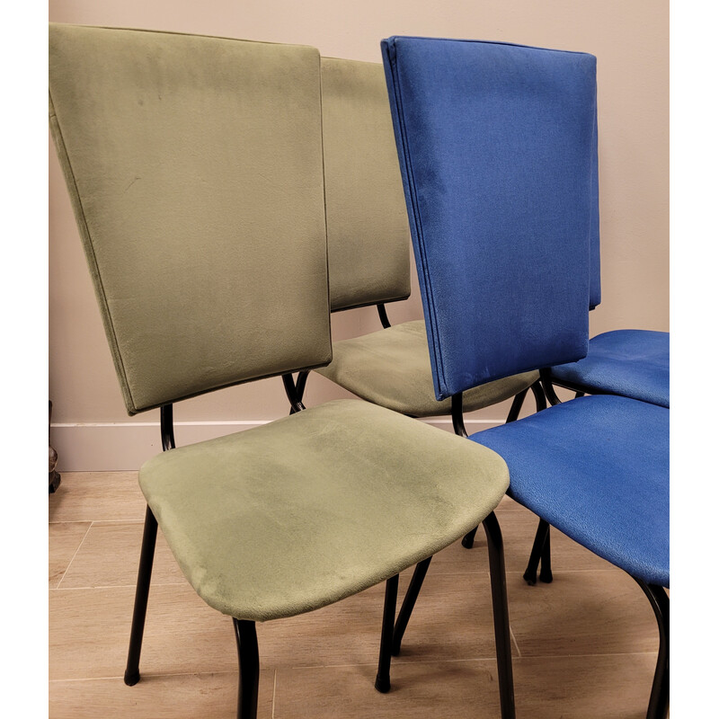 Ensemble de 4 chaises vintage en daim vert et bleu, Italie 1970