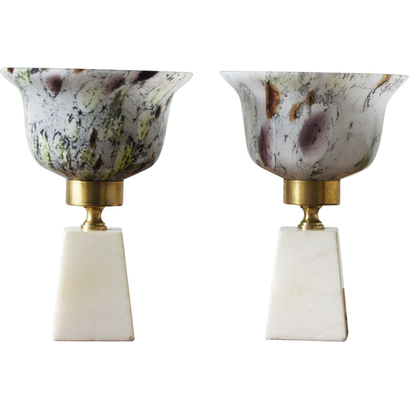 Coppia di lampade da tavolo francesi vintage in pietra e vetro