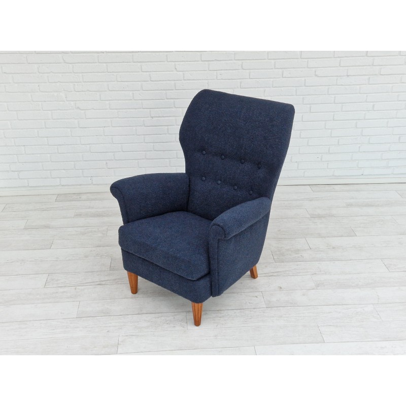 Sillón vintage sueco de respaldo alto en tela de muebles azul oscuro, años  70