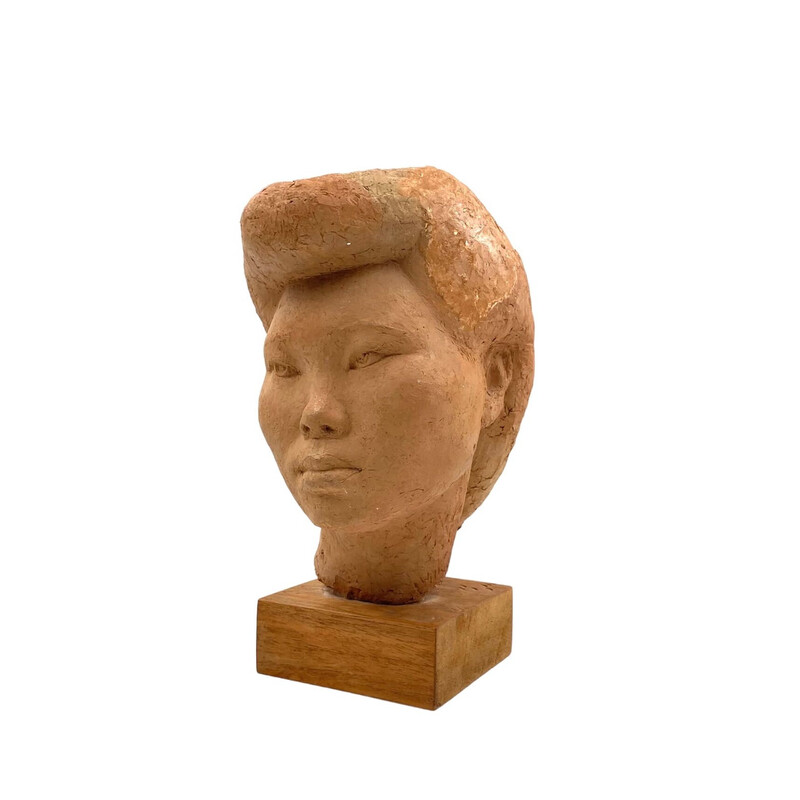 Sculpture de tête de jeune fille japonaise vintage Akito en terre cuite par  Willy Gordon, France