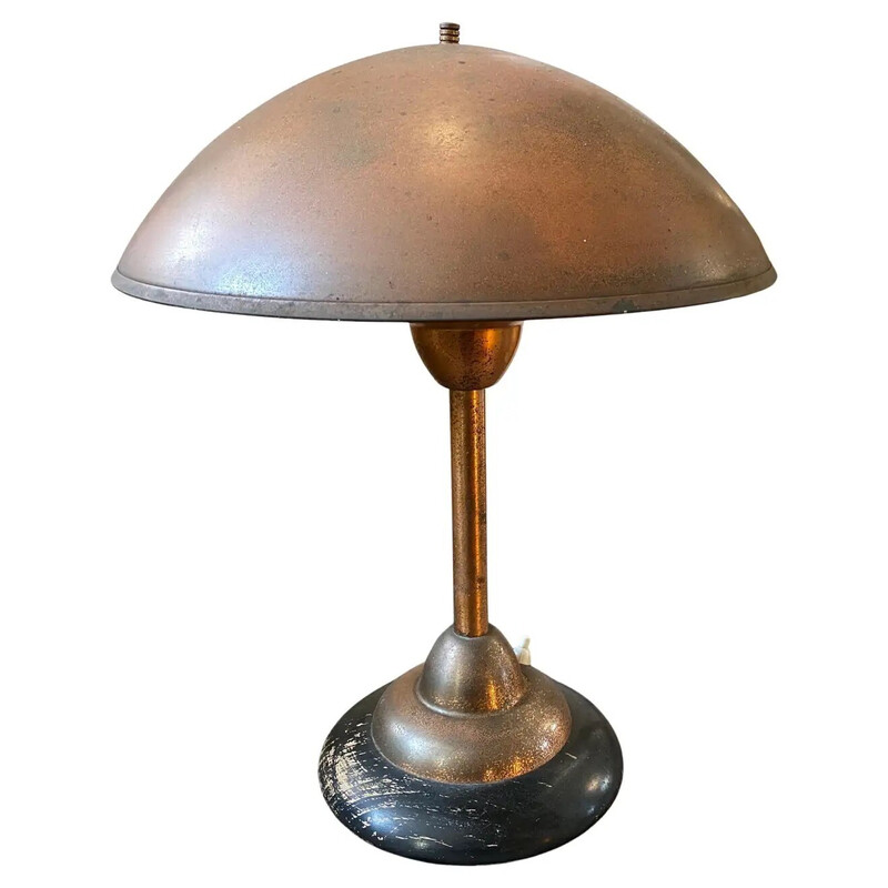 Lampe de table industrielle italienne vintage en cuivre et bois, 1950