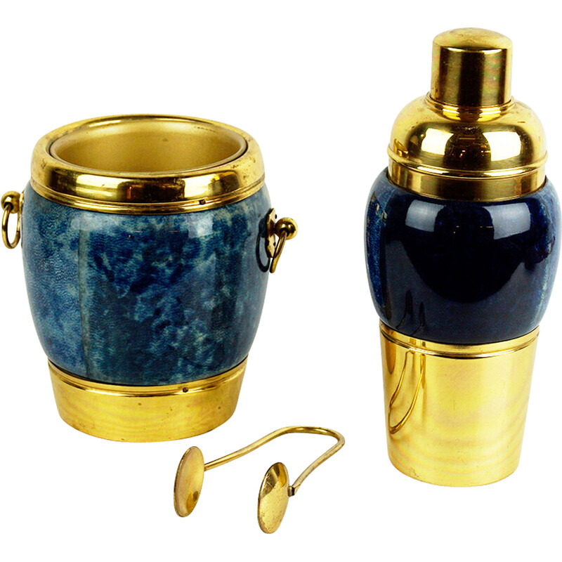Italian vintage brass and blue goatskin cocktail set by Aldo Tura for Macabo