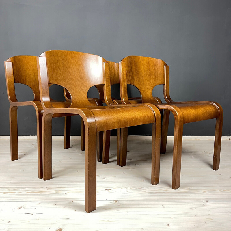 Juego de 4 sillas vintage de madera contrachapada, Italia años 70