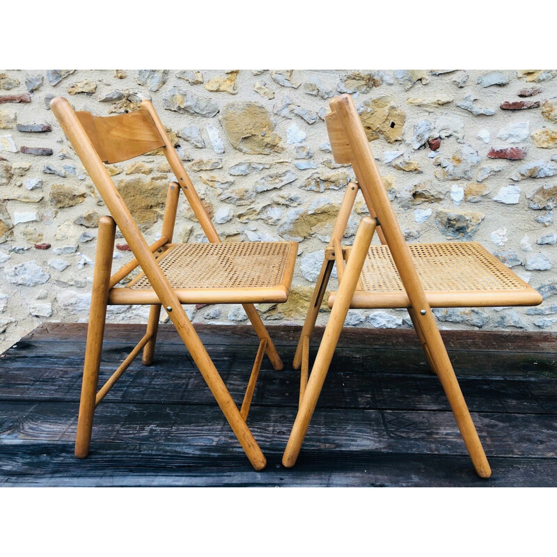 Paire de chaises pliantes vintage en bois courbé et cannage rotin pour  Habitat, 1970-1980