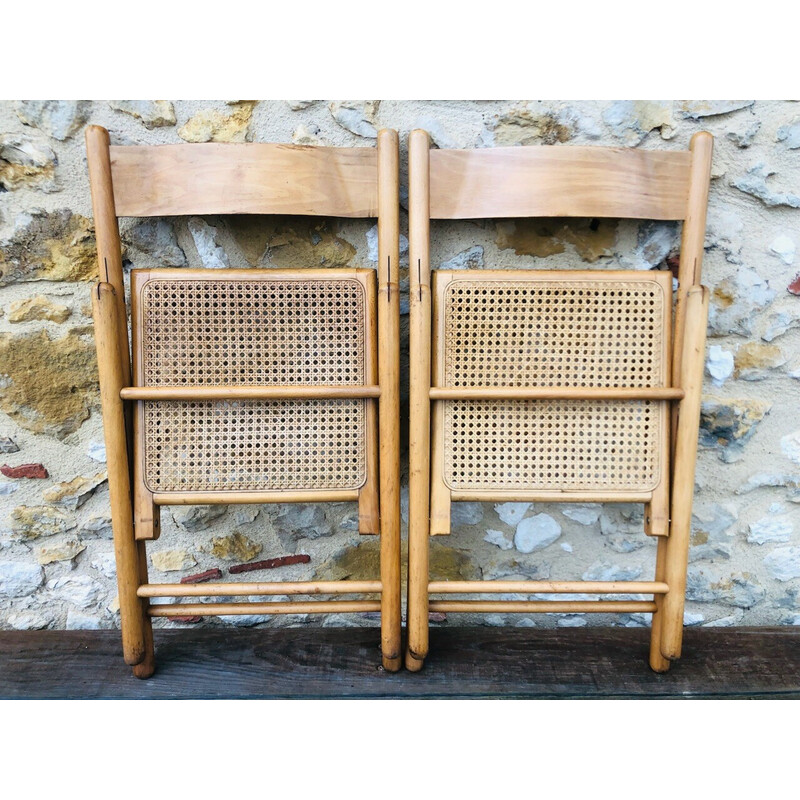 Pair of vintage folding chairs in bentwood and rattan canework for Habitat,  1970-1980