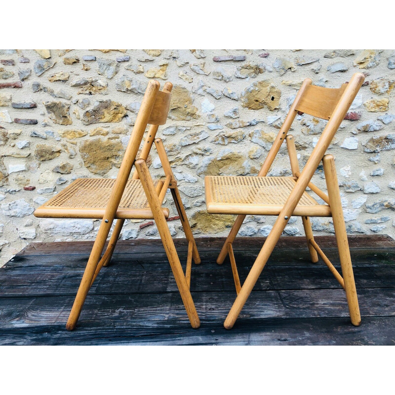 Coppia di sedie pieghevoli vintage in legno curvato e rattan per Habitat,  1970-1980