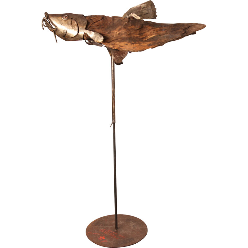 Vintage handcrafted wooden and metal sculpture "Poisson" by artist Louis de  Verdal, France