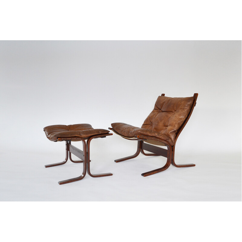 Vintage-Sessel mit Ottomane in braunem Leder von Ingmar Relling für  Westnofa, Norwegen 1960