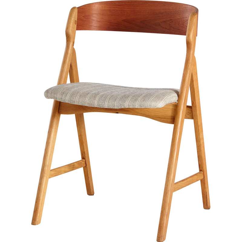 Lagere school wenkbrauw munt Vintage "Model 71" stoel in eikenhout en stof van Henning Kjærnulf voor  Boltings Stolefabrik, jaren 1960