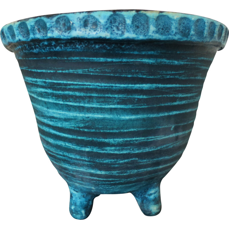 Cache pot vintage quadripode en céramique d'Accolay bleu turquoise, 1950