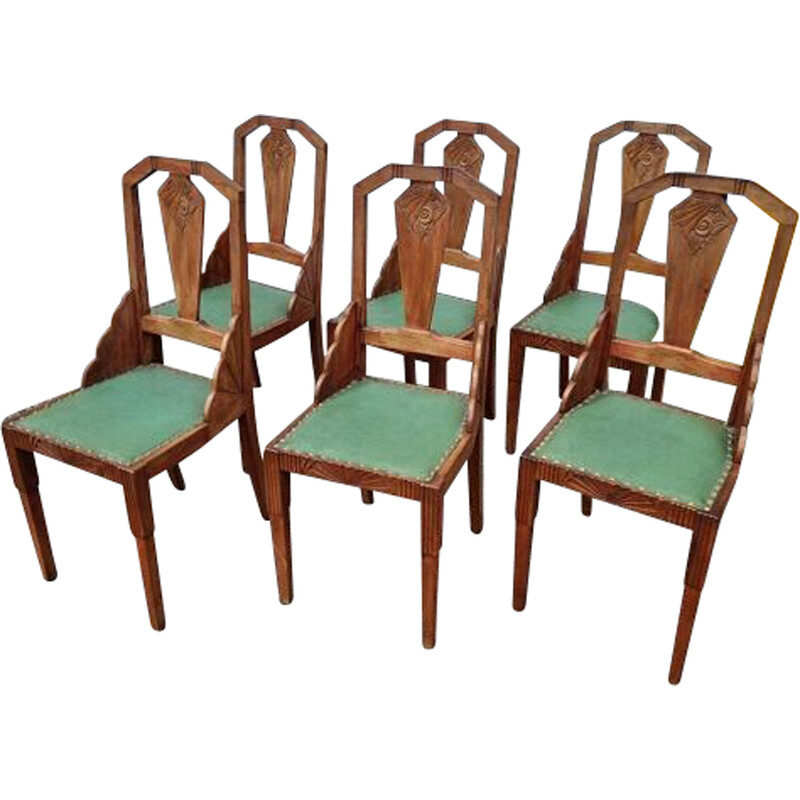 Lot de 6 chaises Art Nouveau vintage en bois et skaï, 1910
