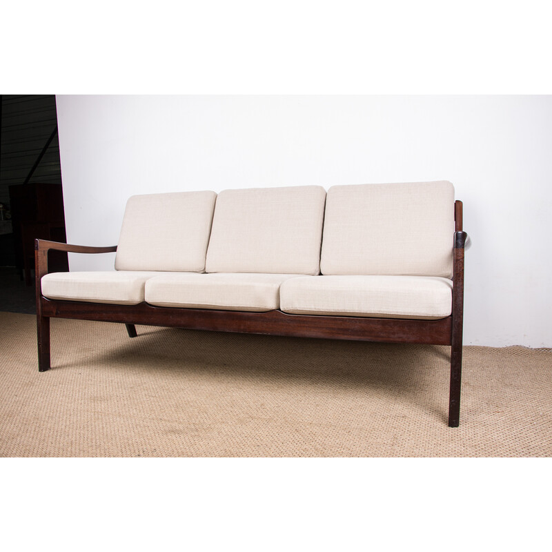 Vintage Danish Senator 3-seater sofa in mahogany and fabric by Ole Wanscher  for Poul Jepessen,