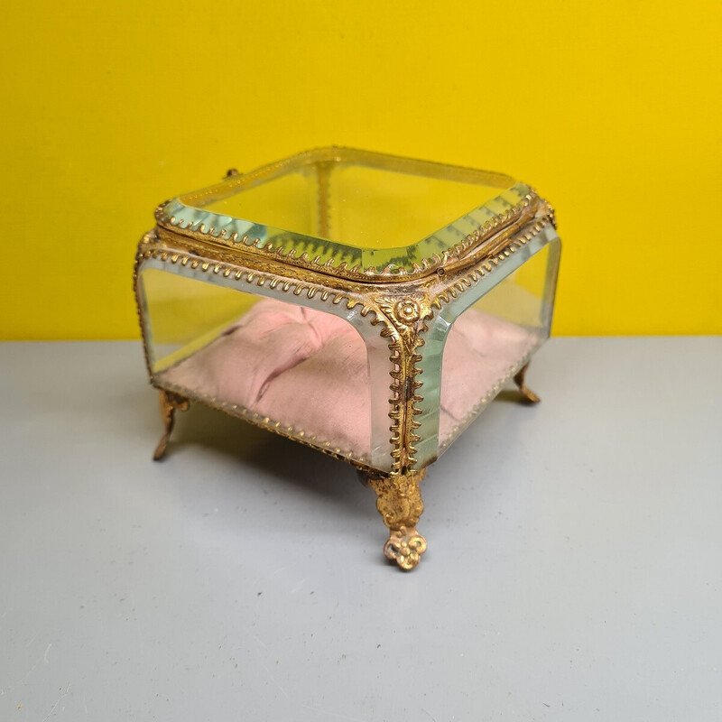 Boîte à bijoux vintage française en cristal et doré, 1900