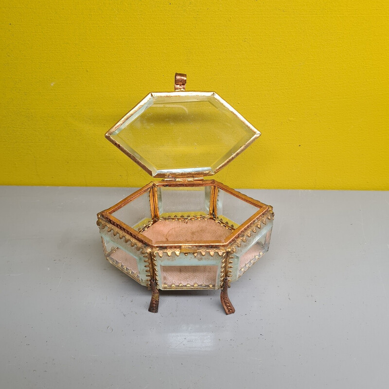 Boîte à bijoux vintage en cristal et plaqué or, 1900