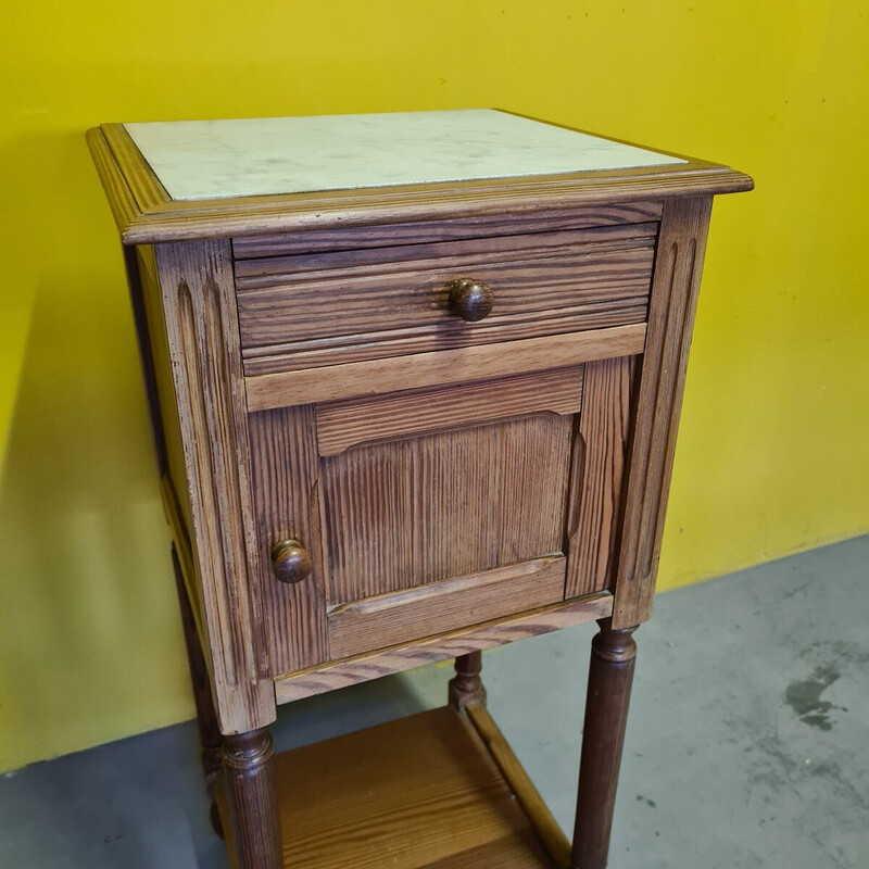 Vintage French pine night stand with white marble top