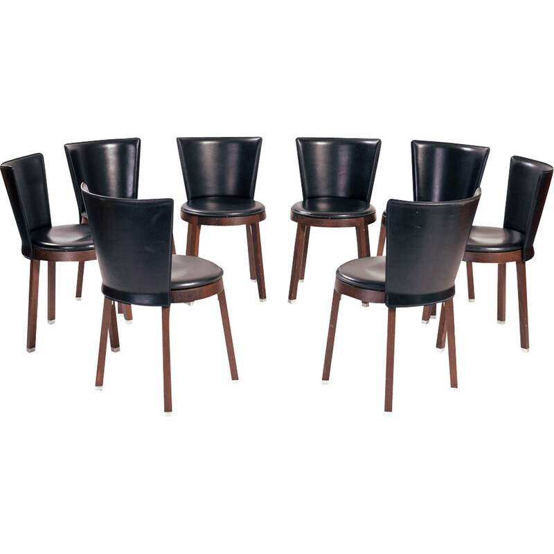 Set di 8 sedie italiane vintage in pelle nera di Tonon, Italia