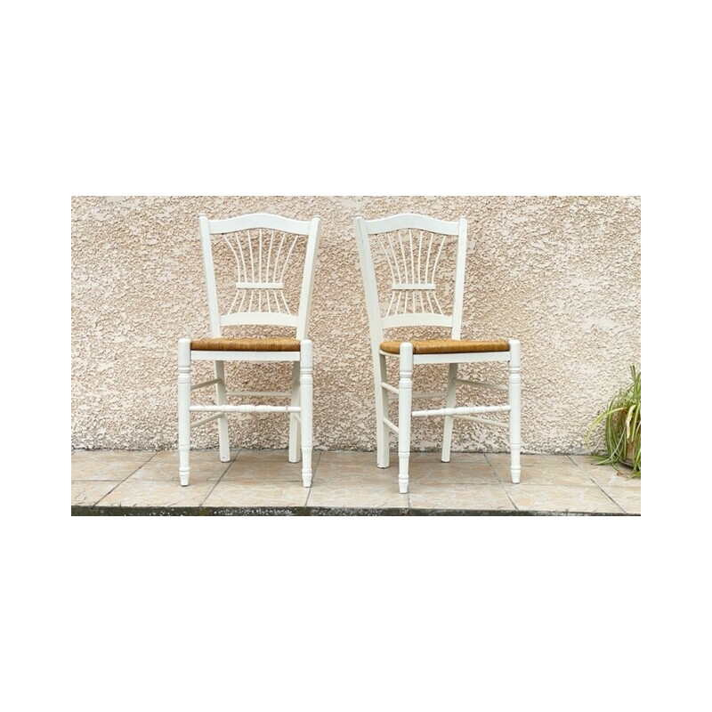 Paar vintage witte houten rieten stoelen, 1980