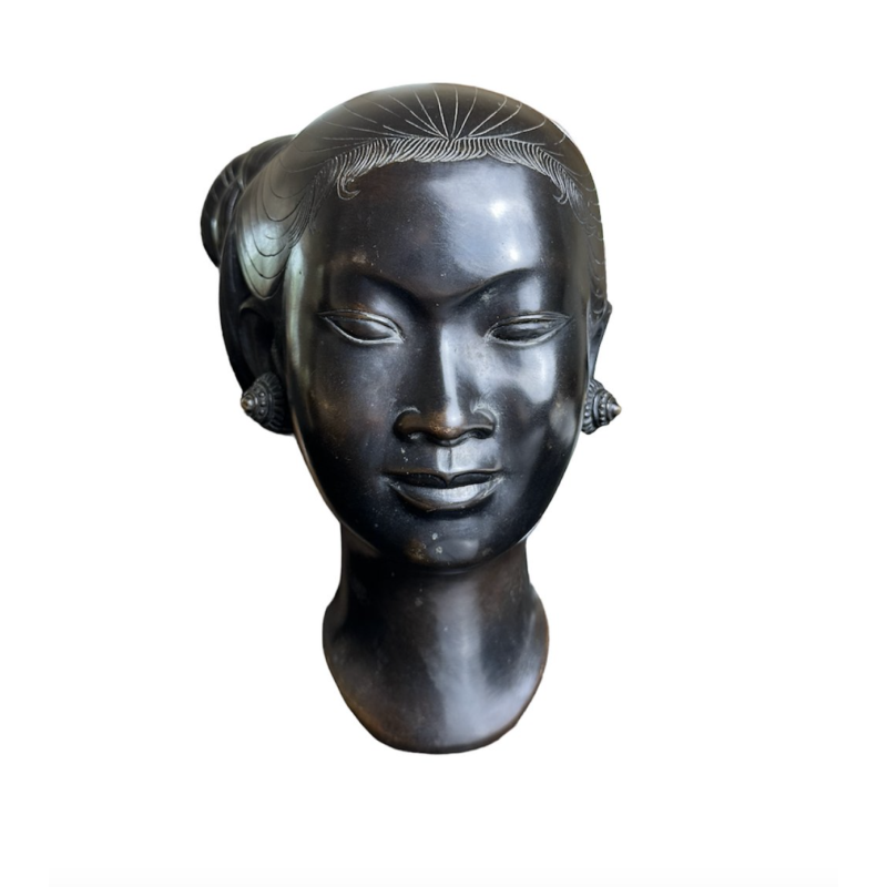 Vintage hoofd van Vietnamese jonge vrouw bronzen beeld van Nguyen Thanh Le,  jaren 1950