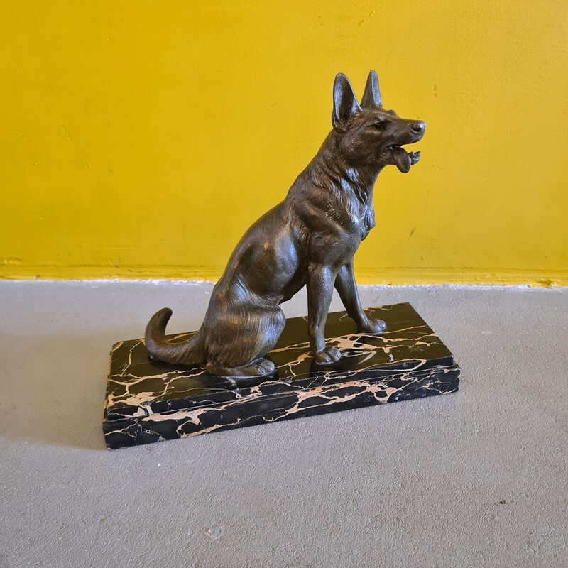 Vintage marble and bronze patinated statue of a german shepherd by L. Carvin,  France 1920