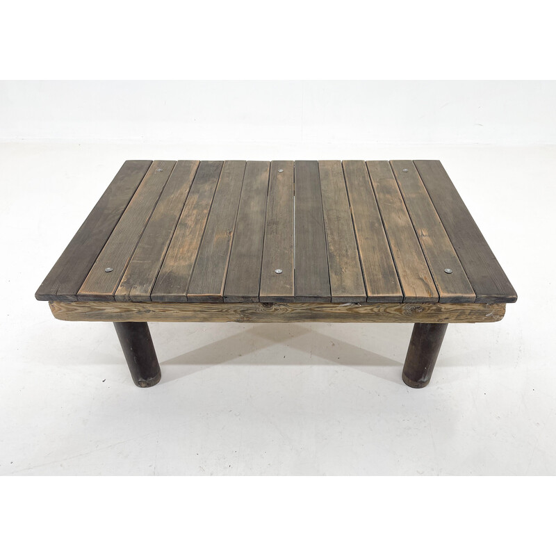Tavolino industriale vintage in legno e ferro, anni '50