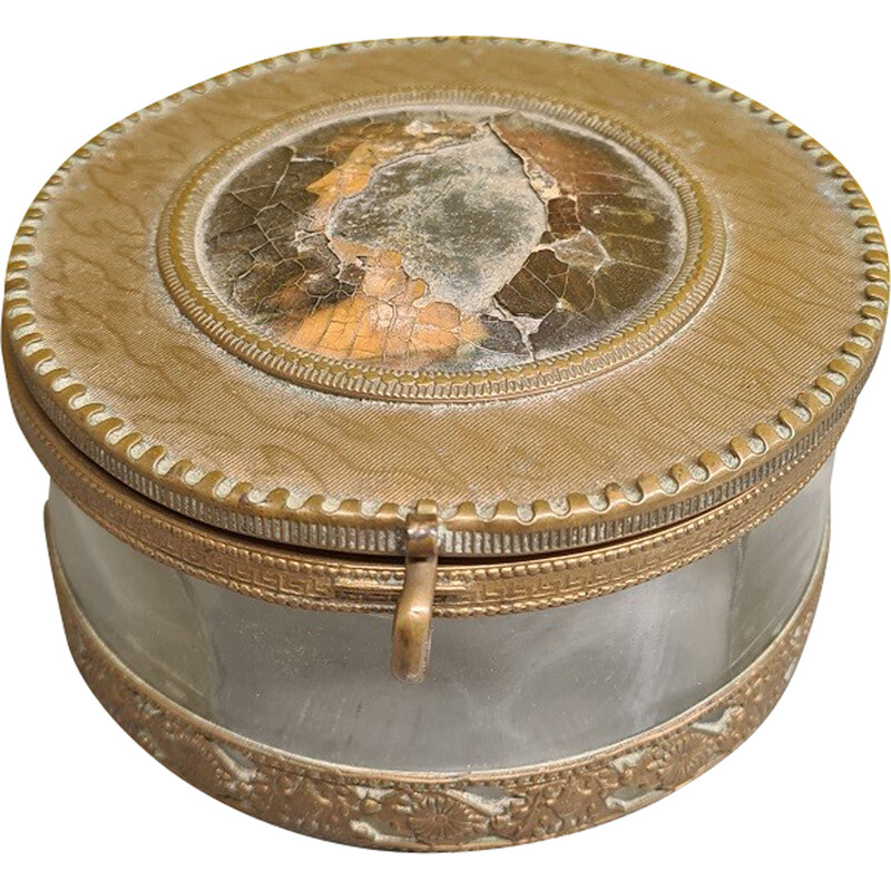Boîte à bijoux vintage en verre et laiton, 1800
