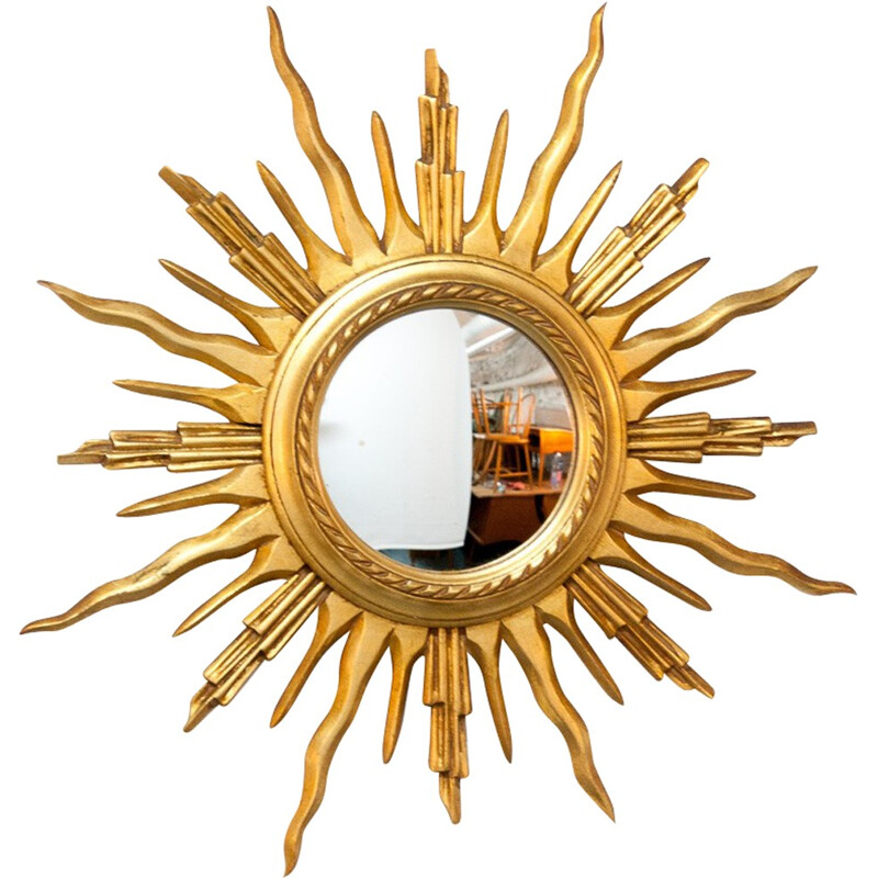 Miroir soleil bombé avec cadre doré - 1960