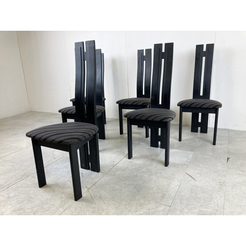 Set di 6 sedie da pranzo vintage con schienale alto in legno nero, Italia  anni '80