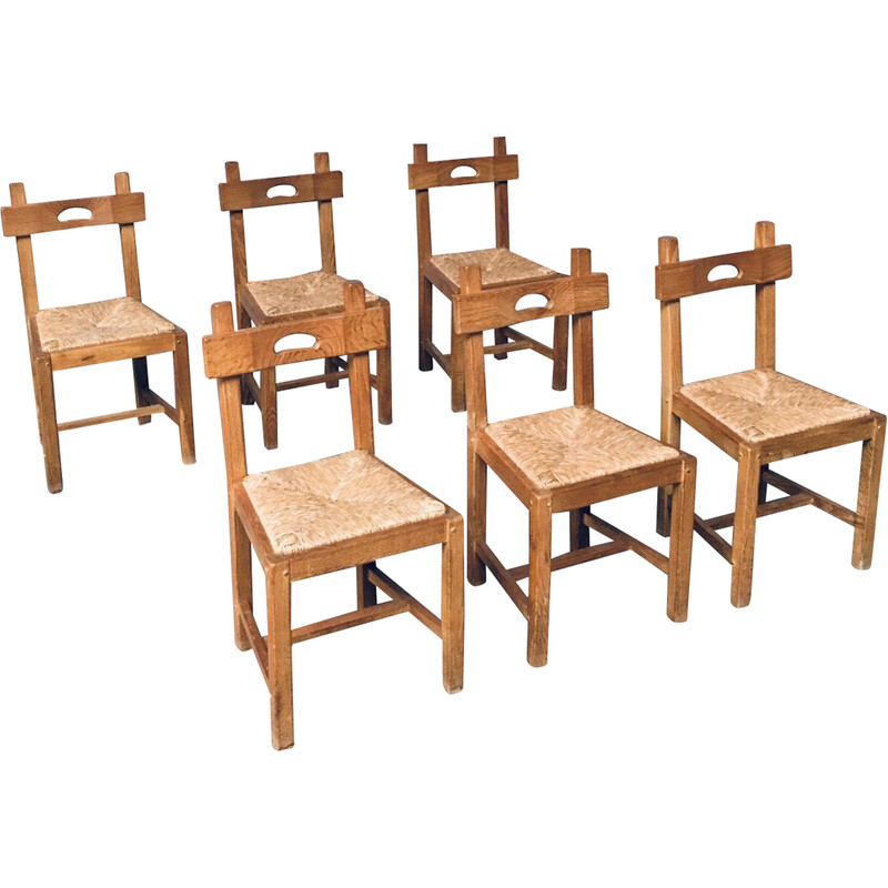 Conjunto de 6 cadeiras de carvalho rústico brutalista e cadeiras de jantar  rústicas, Bélgica, década de