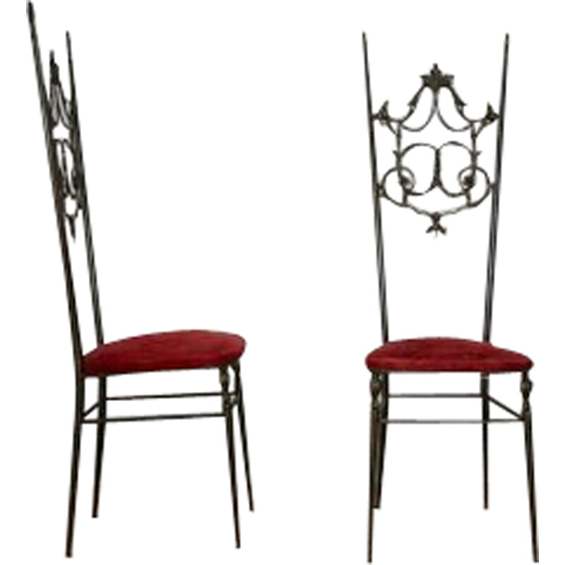Coppia di sedie Chiavarine d'epoca in ottone e velluto