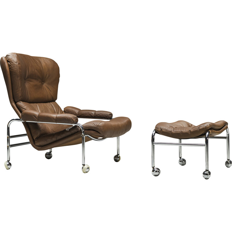 Vintage Swedish armchair and ottoman in chrome and brown leather by Scapa  Rydaholm, 1960s