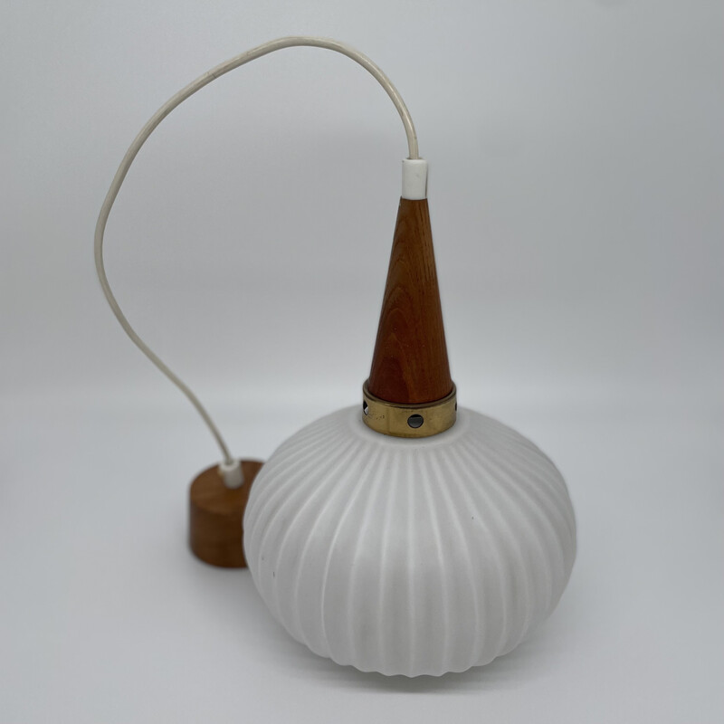 Vintage teak and white opaline pendant lamp by Massive, Belgium 1960