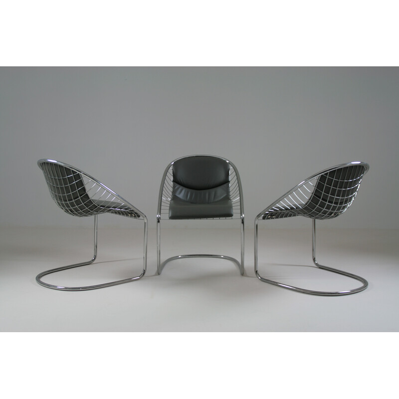 Set van 3 vintage "cortina" stoelen in grijs leer en staaldraad van Gordon  Guillaumier voor Minotti,