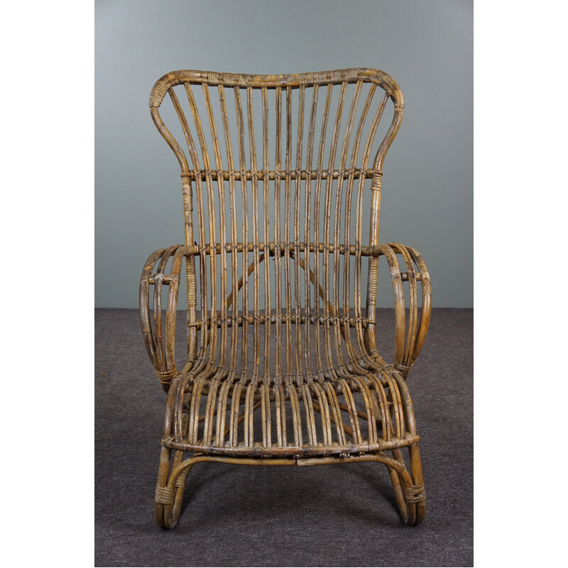 Vintage Dutch patinated rattan Belse 8 armchair with high back, 1950